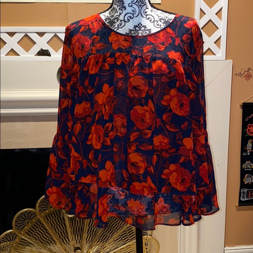 Navy blue and red floral top